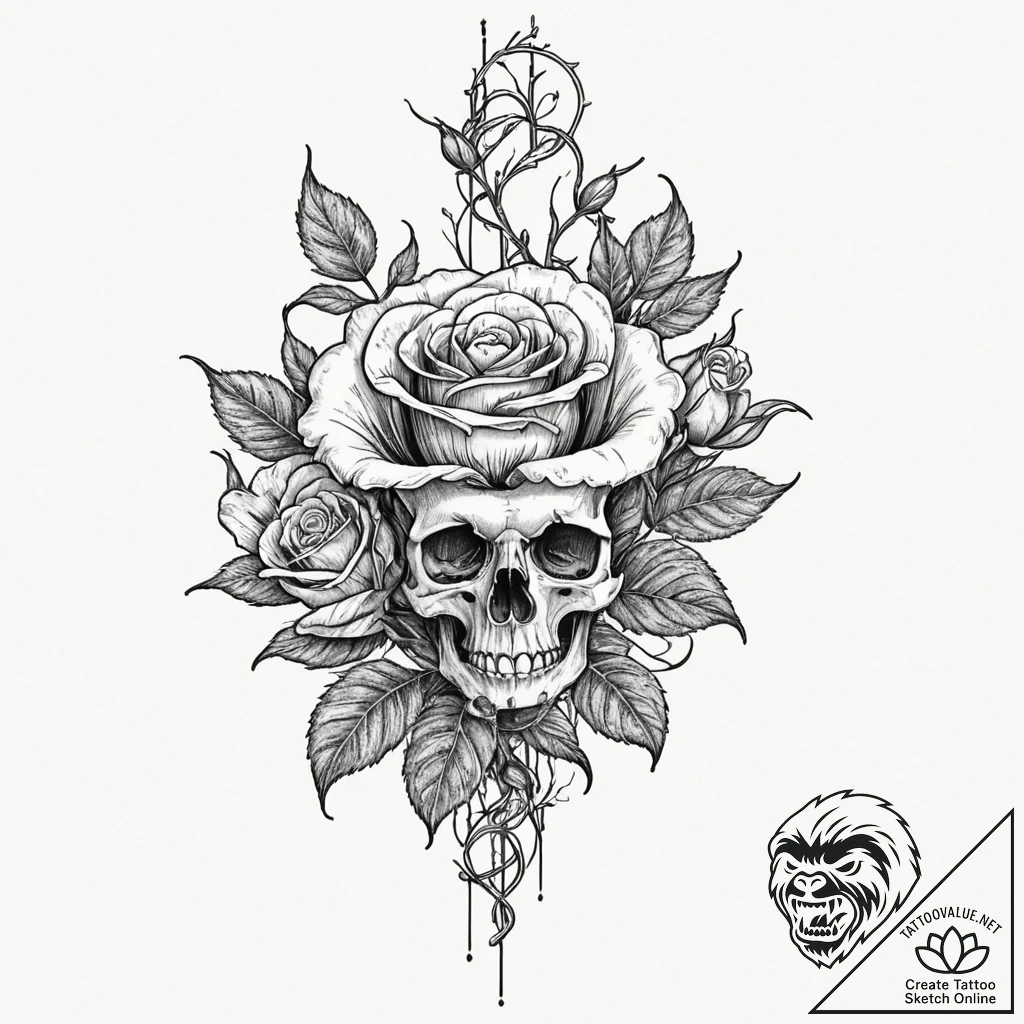 A skeleton watering a single living rose, art... - tattoo sketch (№1751954983_0, 08.07.2025 06:09) — tattoovalue.net