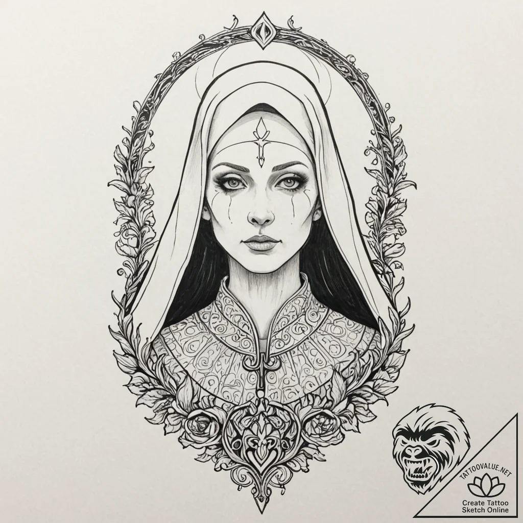 A linework tattoo of the valak demon nun from... - tattoo sketch (№1751956420_0, 08.07.2025 06:33) — tattoovalue.net