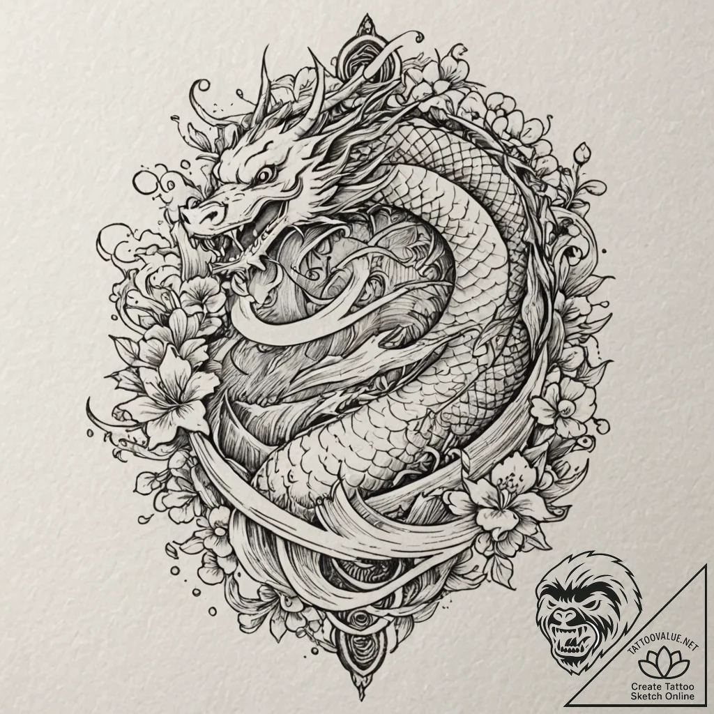 Grin, artistic tattoo sketch, irezumi japanes... - tattoo sketch (№1751956590_0, 08.07.2025 06:36) — tattoovalue.net