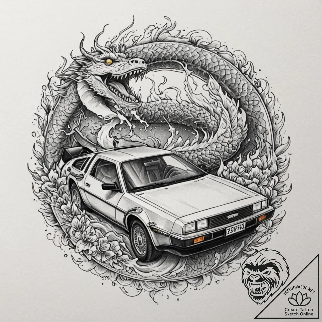 126. a neo-traditional tattoo of the delorean... - tattoo sketch (№1751956675_0, 08.07.2025 06:37) — tattoovalue.net