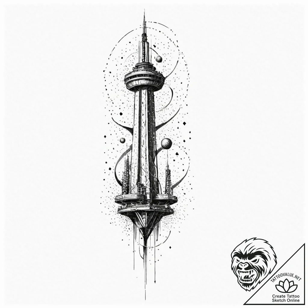 A space elevator, concept art for tattoo, dyn... - tattoo sketch (№1751958363_0, 08.07.2025 07:06) — tattoovalue.net