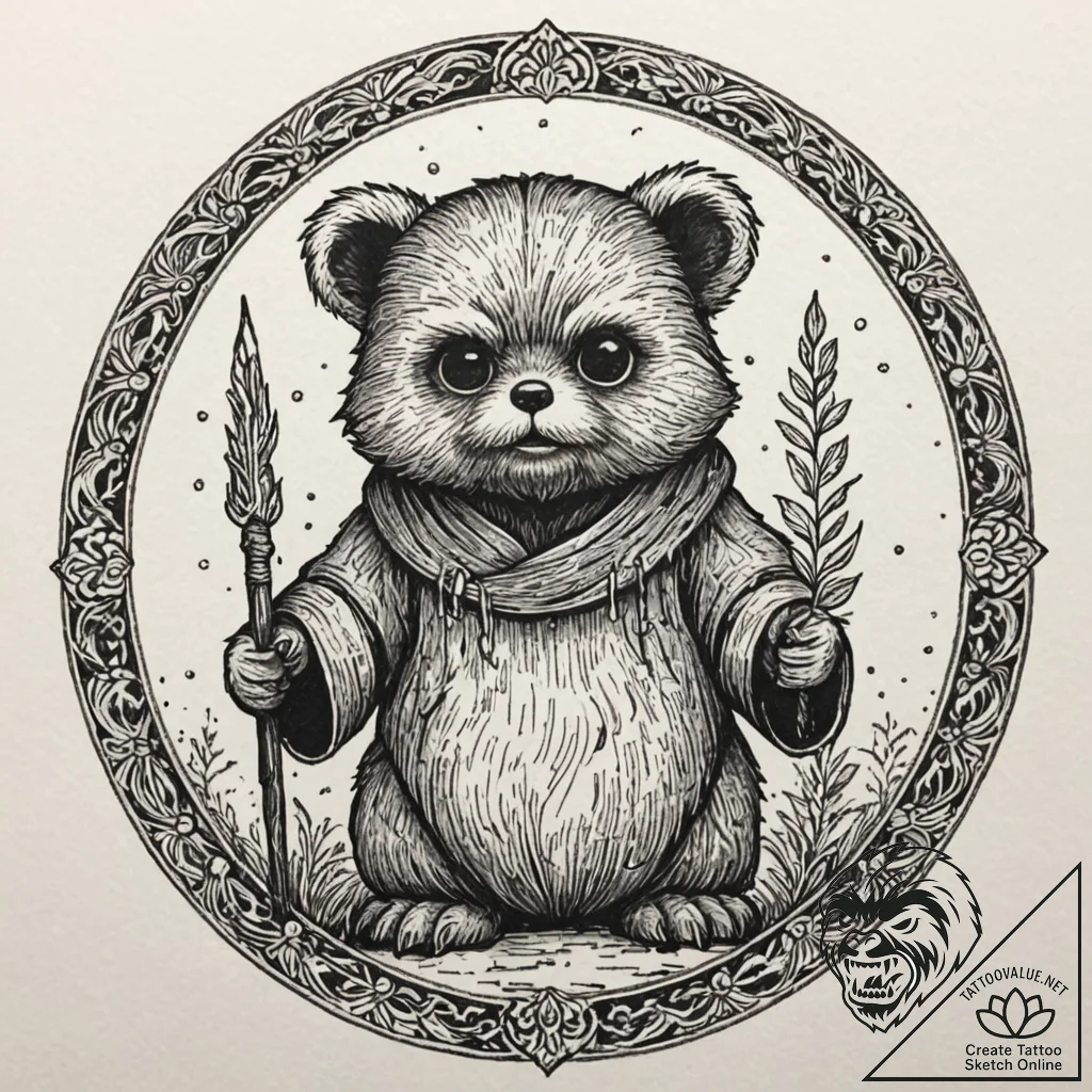 Neo-traditional tattoo of an ewok, fierce but... - tattoo sketch (№1751960341_0, 08.07.2025 07:39) — tattoovalue.net