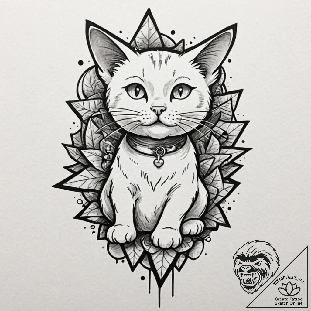 Cat, tattoo line art, moderately detailed, ba... - tattoo sketch (№1751965556_0, 08.07.2025 09:05) — tattoovalue.net