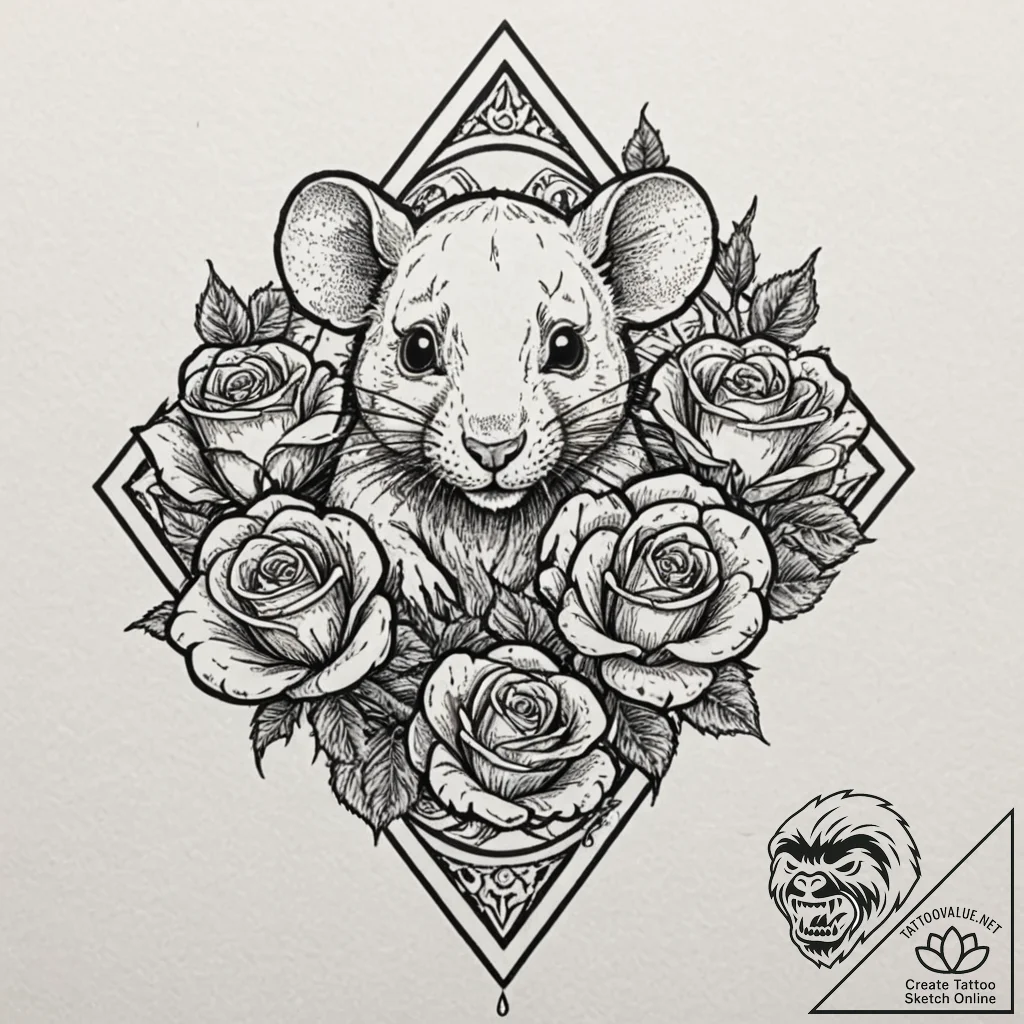 Rat, ink illustration for tattoo, dynamic com... - tattoo sketch (№1751965979_0, 08.07.2025 09:12) — tattoovalue.net