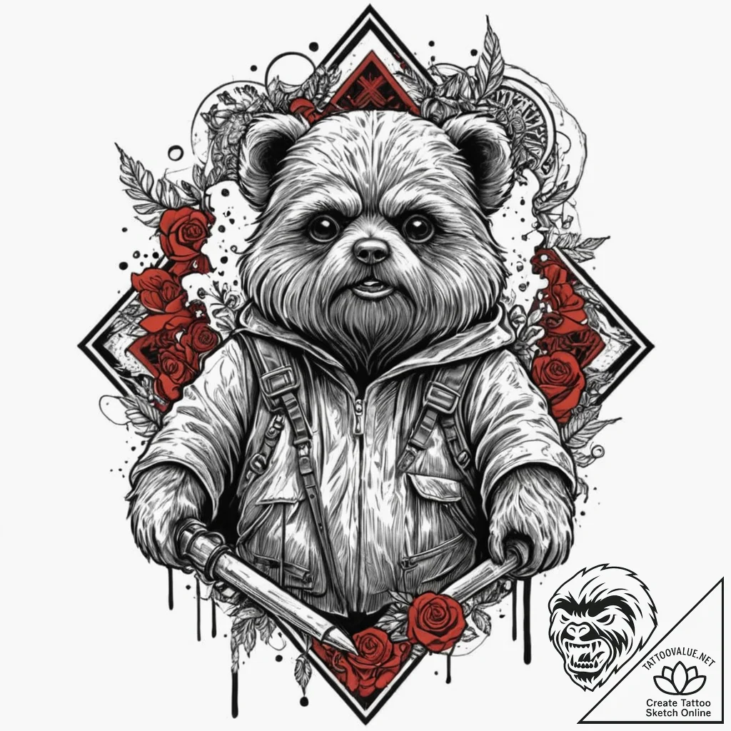 47. neo-traditional tattoo of an ewok, fierce... - tattoo sketch (№1751966145_0, 08.07.2025 09:15) — tattoovalue.net