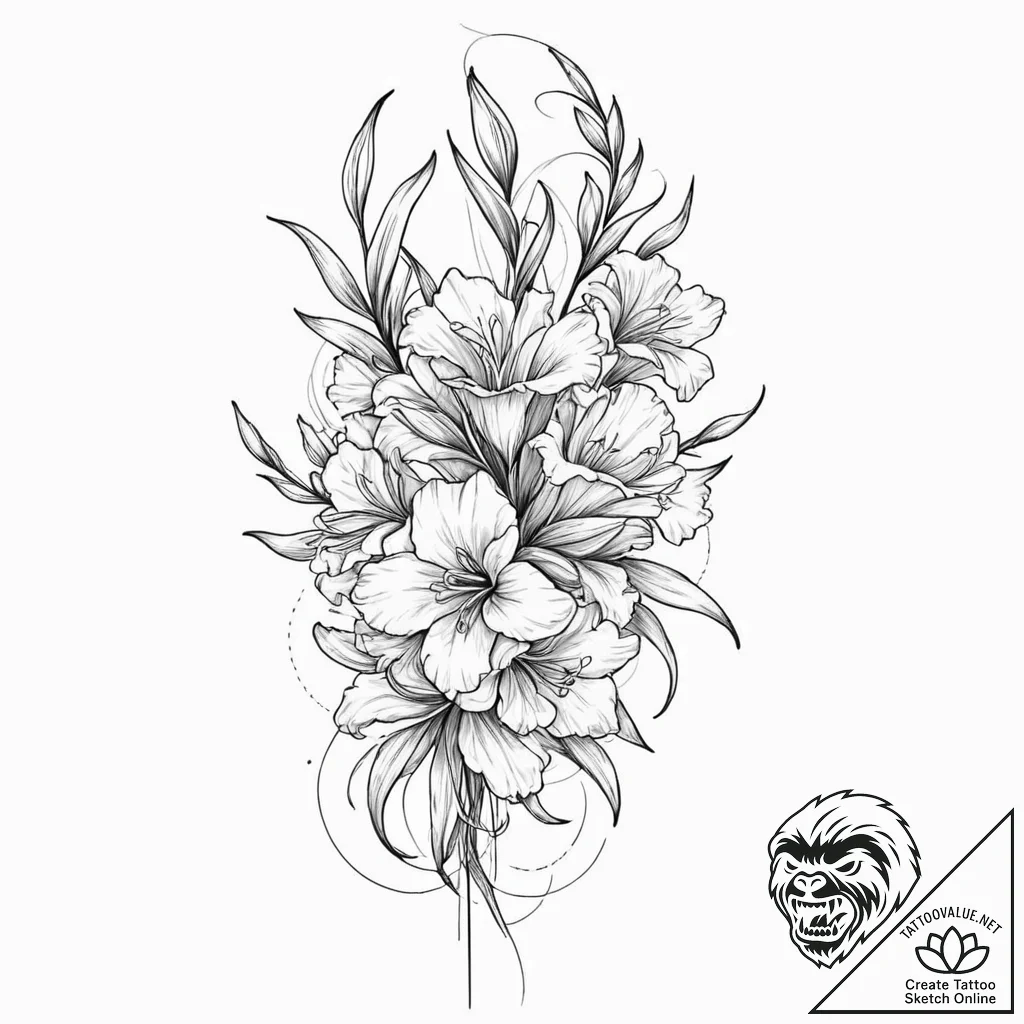 Gladiolus, tattoo line art, dynamic compositi... - tattoo sketch (№1751966683_0, 08.07.2025 09:24) — tattoovalue.net