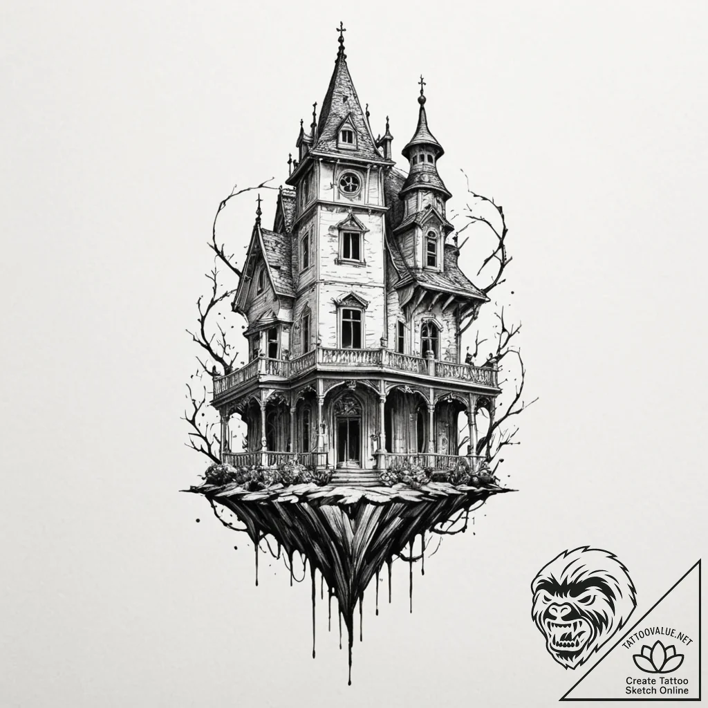 A sketch of the twisted, gothic architecture... - tattoo sketch (№1751966852_0, 08.07.2025 09:27) — tattoovalue.net