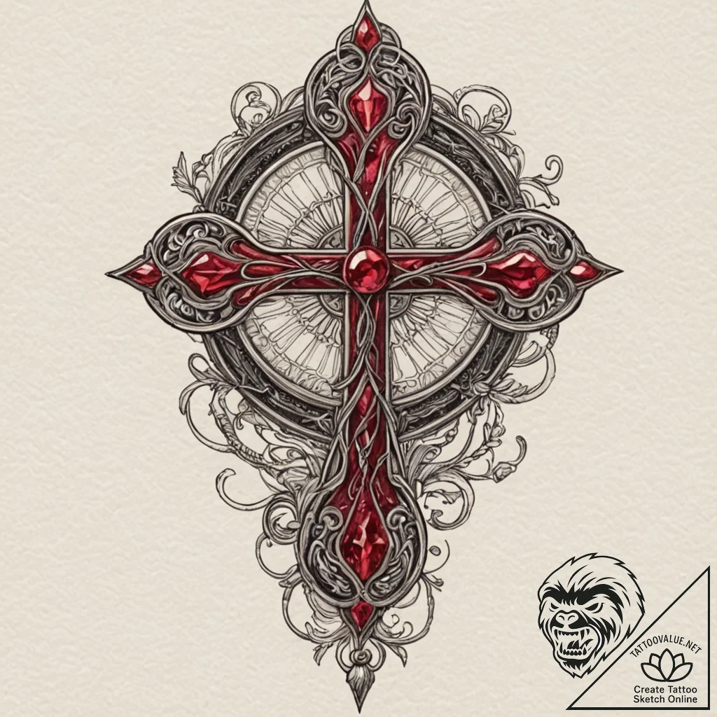 Ruby, concept art for tattoo, detailed cross-... - tattoo sketch (№1751969258_0, 08.07.2025 10:07) — tattoovalue.net