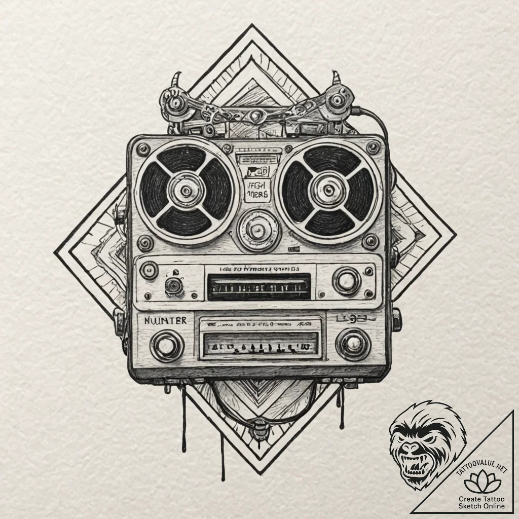 A linework tattoo of a tape recorder, the mai... - tattoo sketch (№1751970479_0, 08.07.2025 10:27) — tattoovalue.net