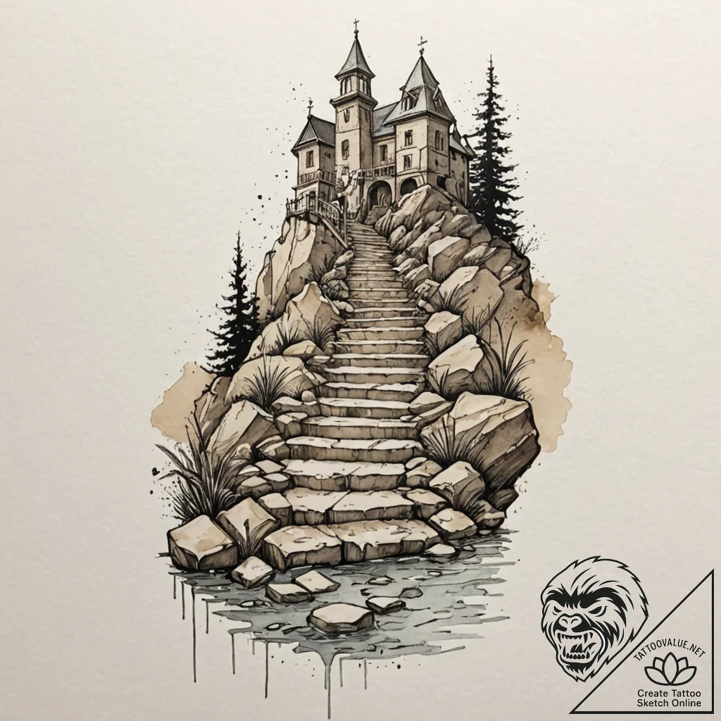 Stairway leading to a submerged city, tattoo... - tattoo sketch (№1751973162_0, 08.07.2025 11:12) — tattoovalue.net