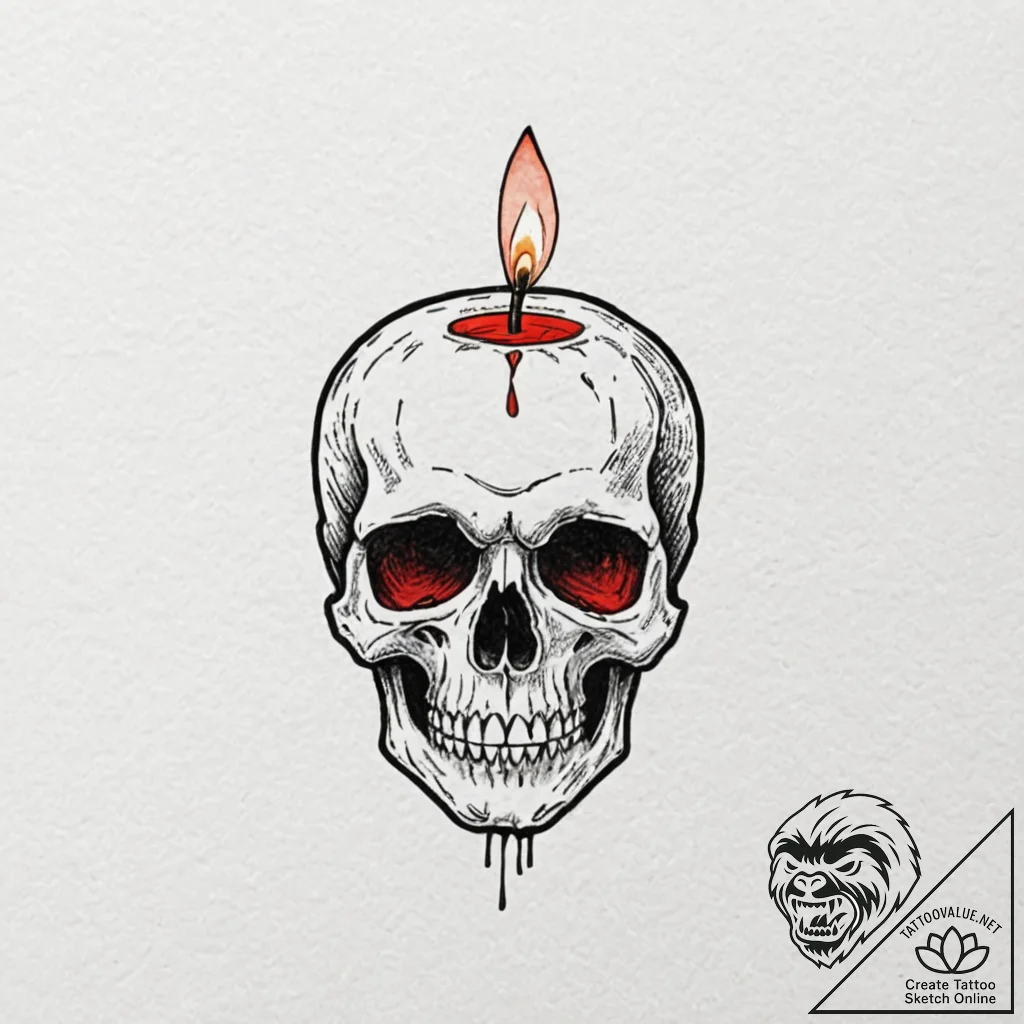 A skull, with a single, red candle burning on... - tattoo sketch (№1751973500_0, 08.07.2025 11:18) — tattoovalue.net