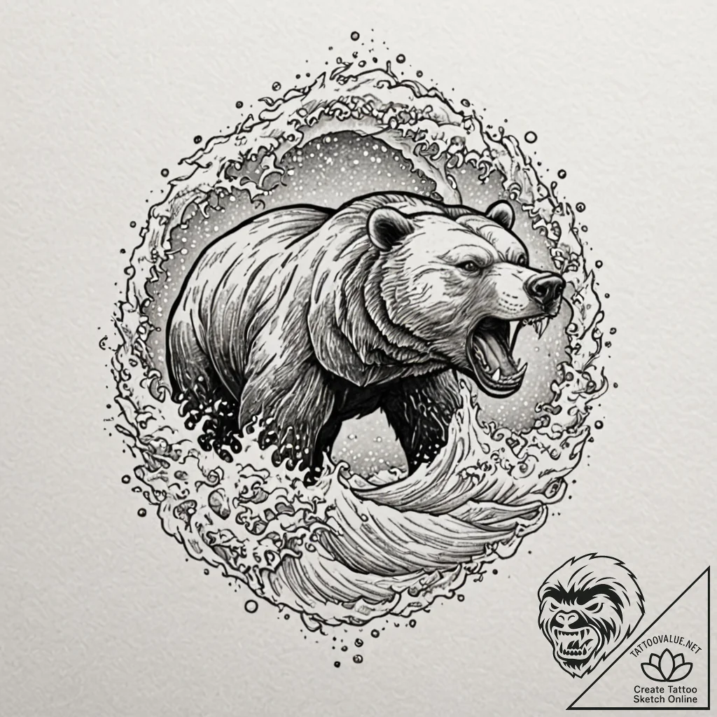 A powerful grizzly bear, roaring, its breath... - tattoo sketch (№1751974139_0, 08.07.2025 11:28) — tattoovalue.net