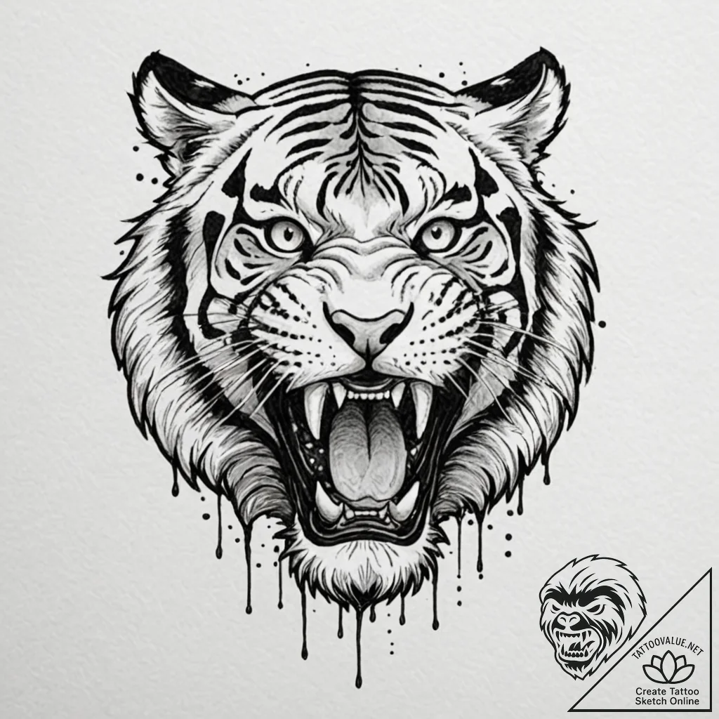 A roaring tiger, its stripes are deep, bleedi... - tattoo sketch (№1751974469_0, 08.07.2025 11:34) — tattoovalue.net