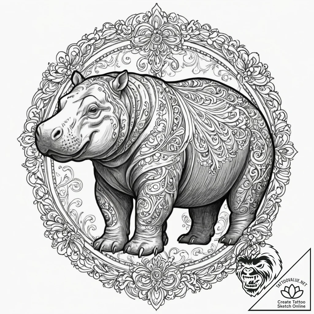 A powerful hippopotamus, a surprisingly aggre... - tattoo sketch (№1751974548_0, 08.07.2025 11:35) — tattoovalue.net