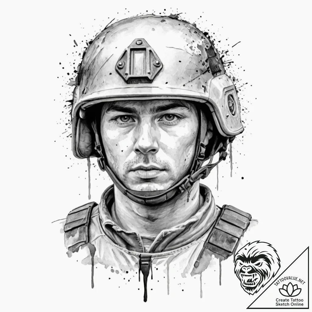 A realistic soldier in a modern helmet, his f... - tattoo sketch (№1751974788_0, 08.07.2025 11:39) — tattoovalue.net