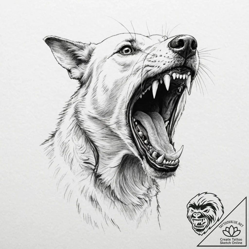 A snarling, rabid dog, its teeth bared - tattoo sketch (№1751974866_0, 08.07.2025 11:41) — tattoovalue.net