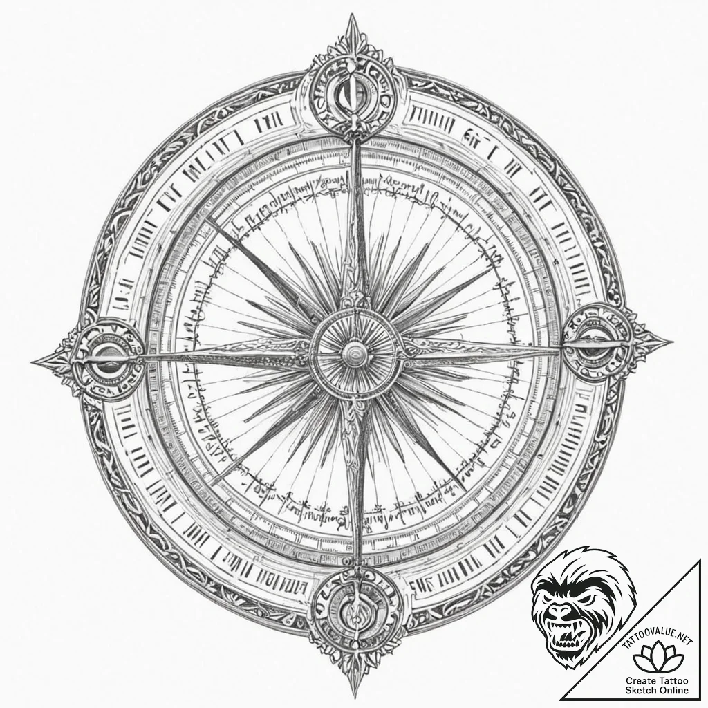 A beautiful, ornate sundial, its shadow point... - tattoo sketch (№1751976340_0, 08.07.2025 12:05) — tattoovalue.net