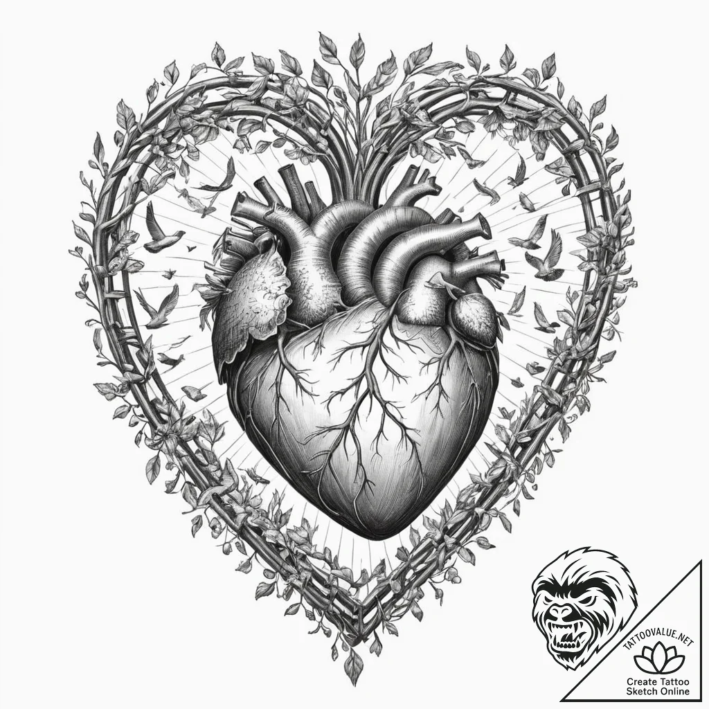A human heart, but it's an open cage, with a... - tattoo sketch (№1751977993_0, 08.07.2025 12:33) — tattoovalue.net