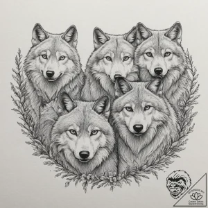 A powerful hunting pack of wolves, their eyes… – tattoo sketch (№1751984321_0, 08.07.2025 14:18) — tattoovalue.net