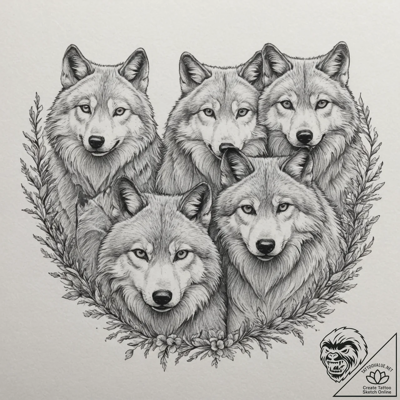 A powerful hunting pack of wolves, their eyes... - tattoo sketch (№1751984321_0, 08.07.2025 14:18) — tattoovalue.net