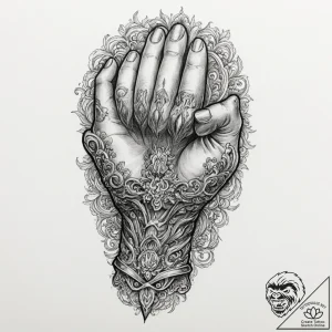 A beautiful, ornate gauntlet, clenched into a… – tattoo sketch (№1751984491_0, 08.07.2025 14:21) — tattoovalue.net