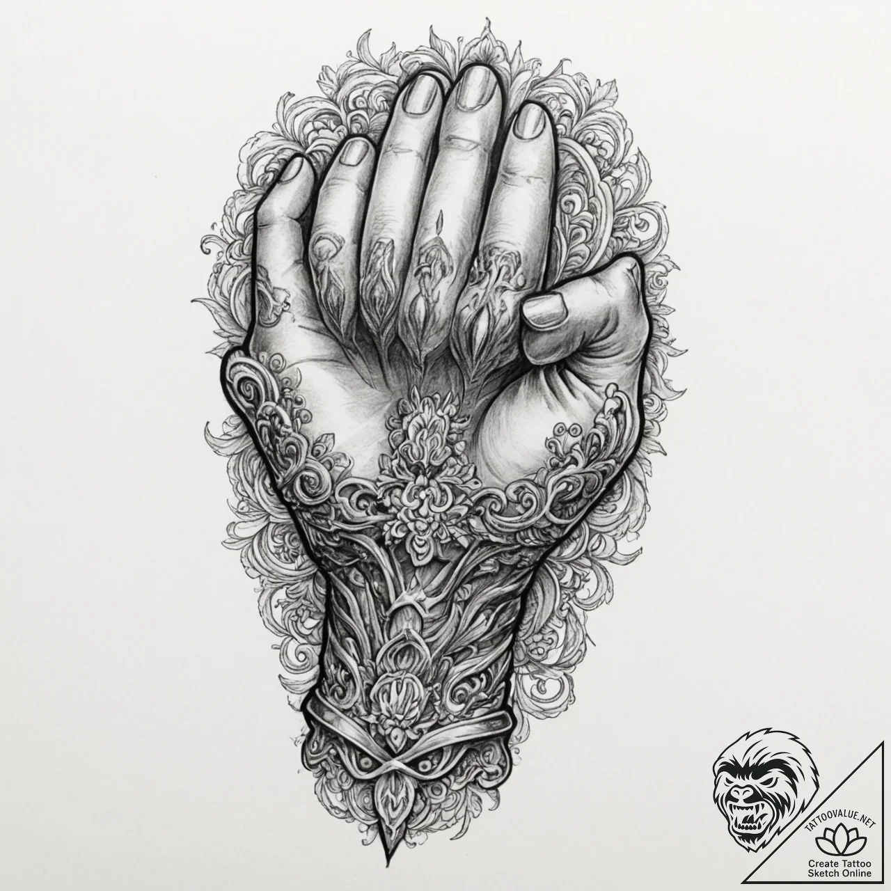 A beautiful, ornate gauntlet, clenched into a... - tattoo sketch (№1751984491_0, 08.07.2025 14:21) — tattoovalue.net