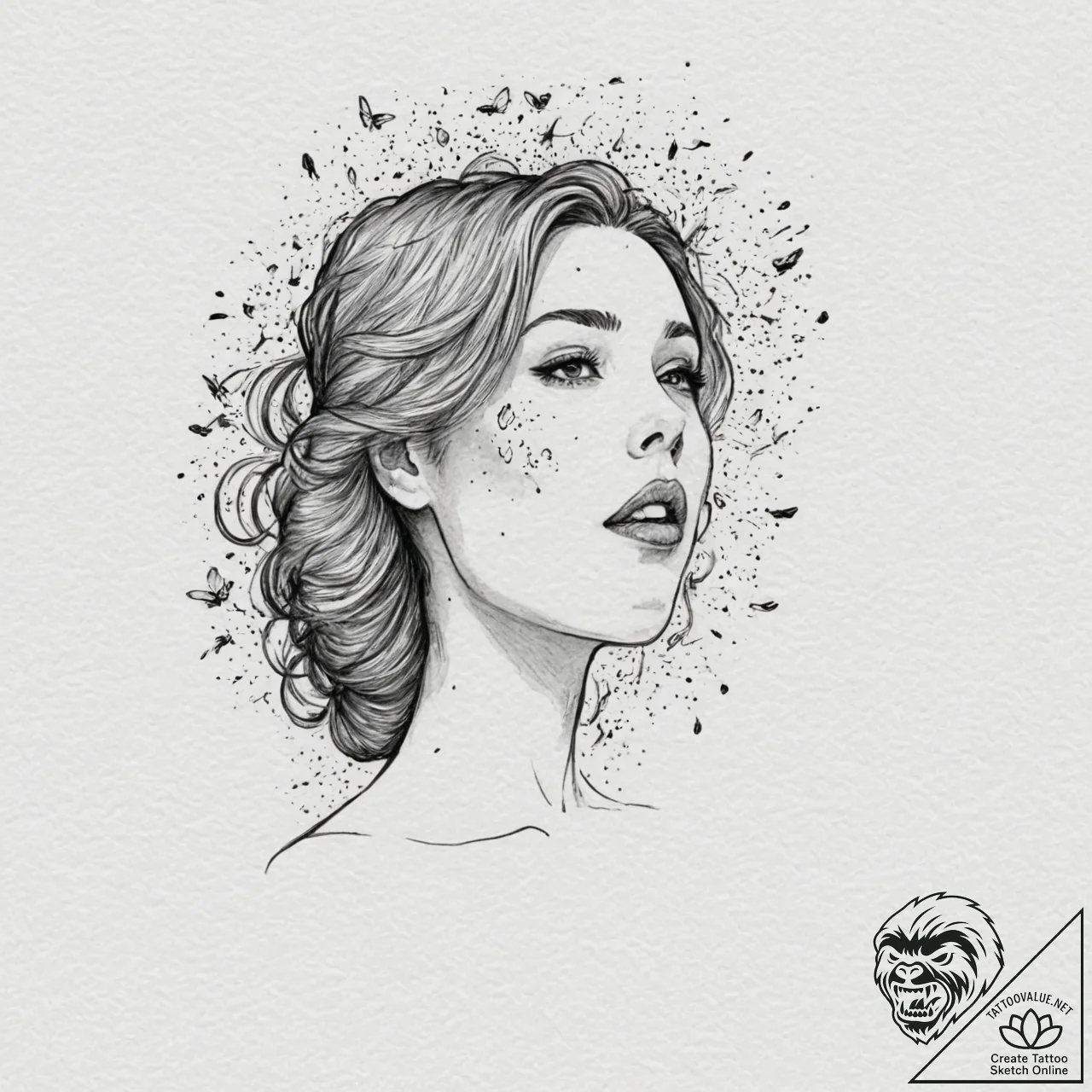 A woman's profile, a swarm of fireflies flyin... - tattoo sketch (№1751984661_0, 08.07.2025 14:24) — tattoovalue.net