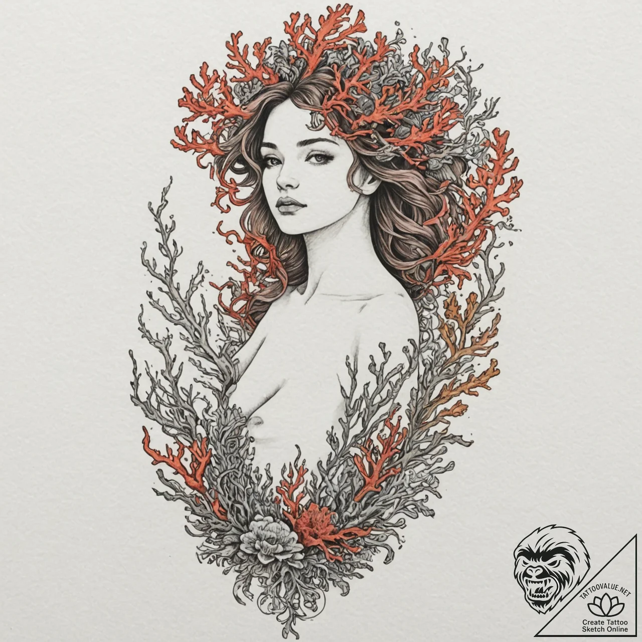 A girl whose body is a living, breathing cora... - tattoo sketch (№1751984832_0, 08.07.2025 14:27) — tattoovalue.net