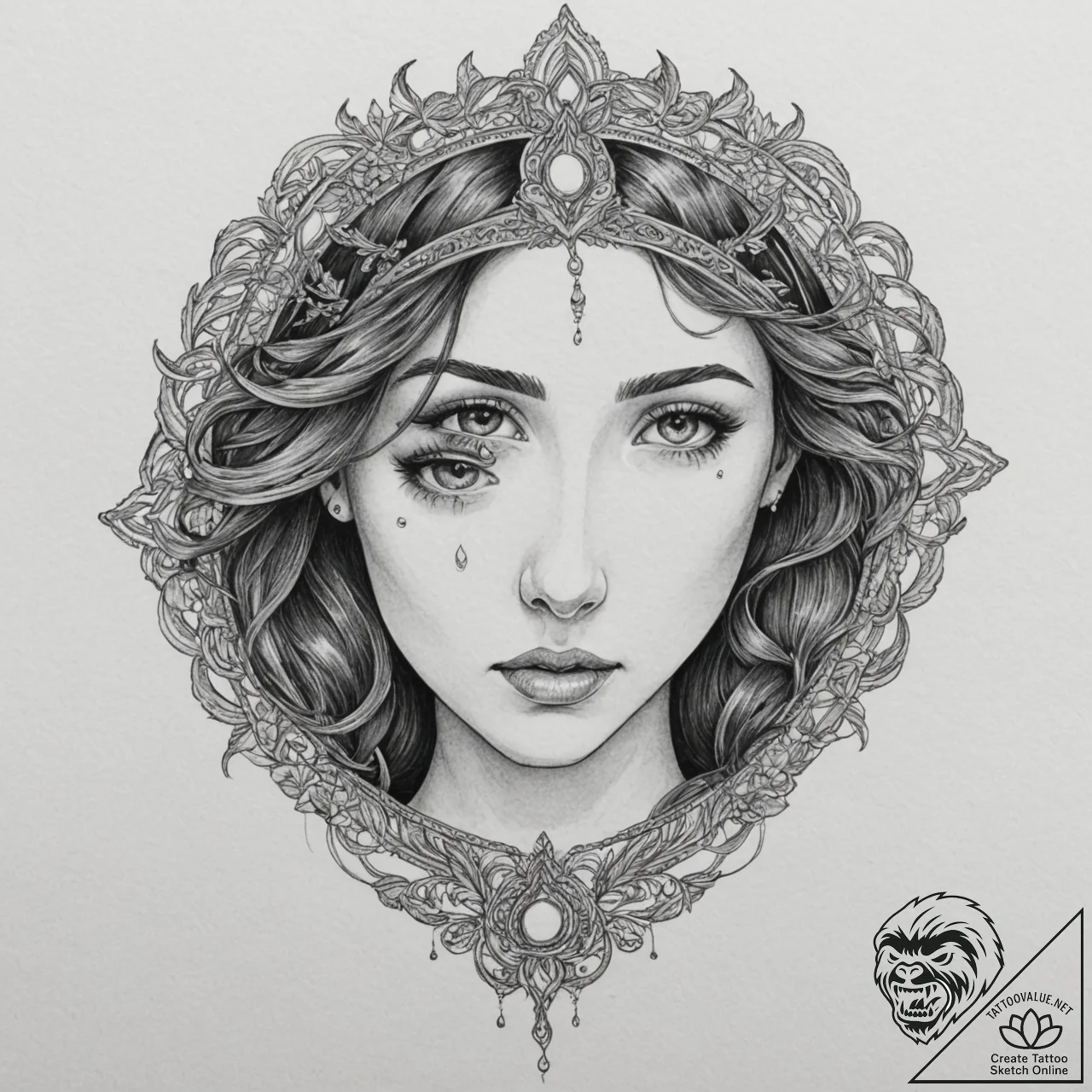 A beautiful woman with a third eye on her for... - tattoo sketch (№1751985646_0, 08.07.2025 14:40) — tattoovalue.net