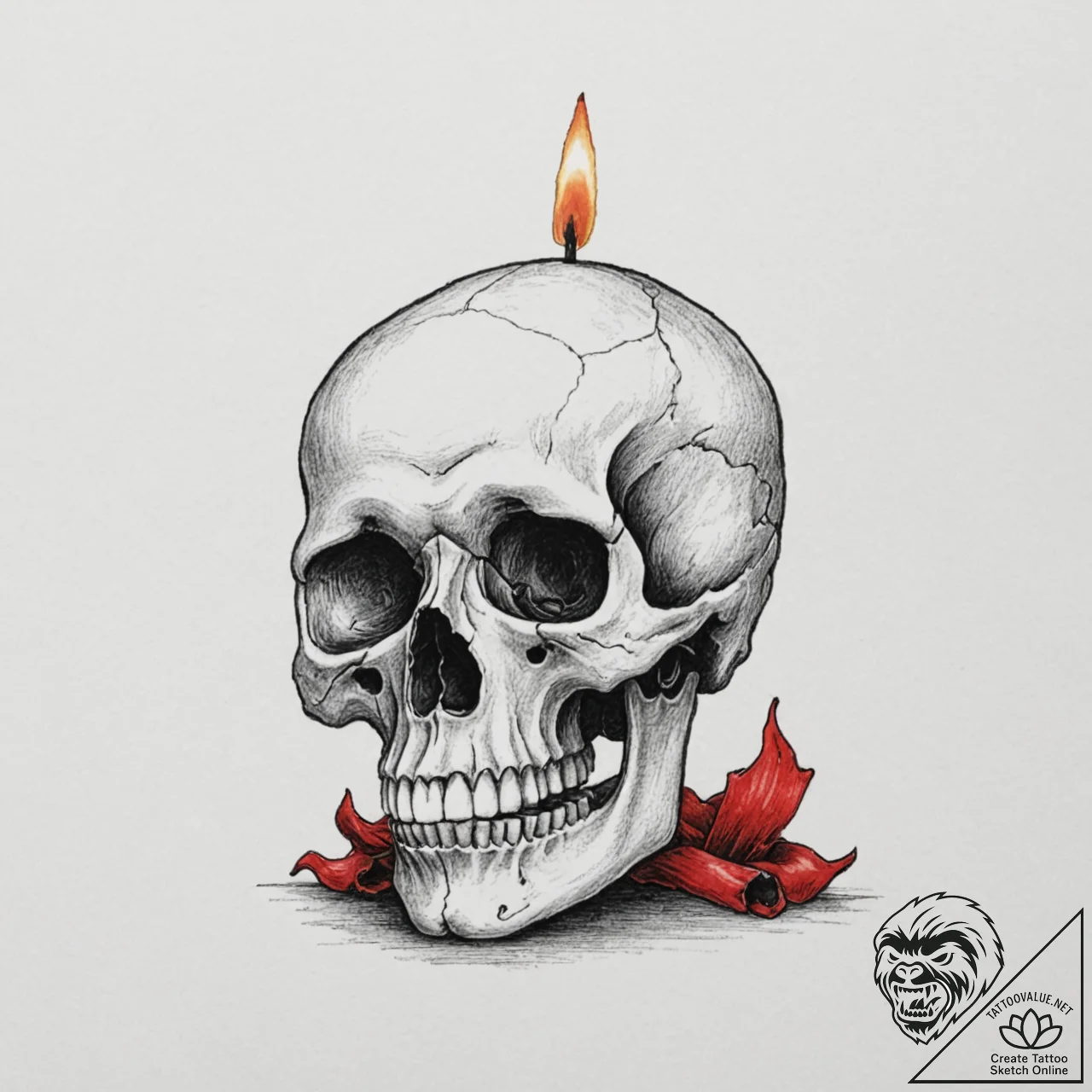 A skull, with a single, red candle burning on... - tattoo sketch (№1751986413_0, 08.07.2025 14:53) — tattoovalue.net
