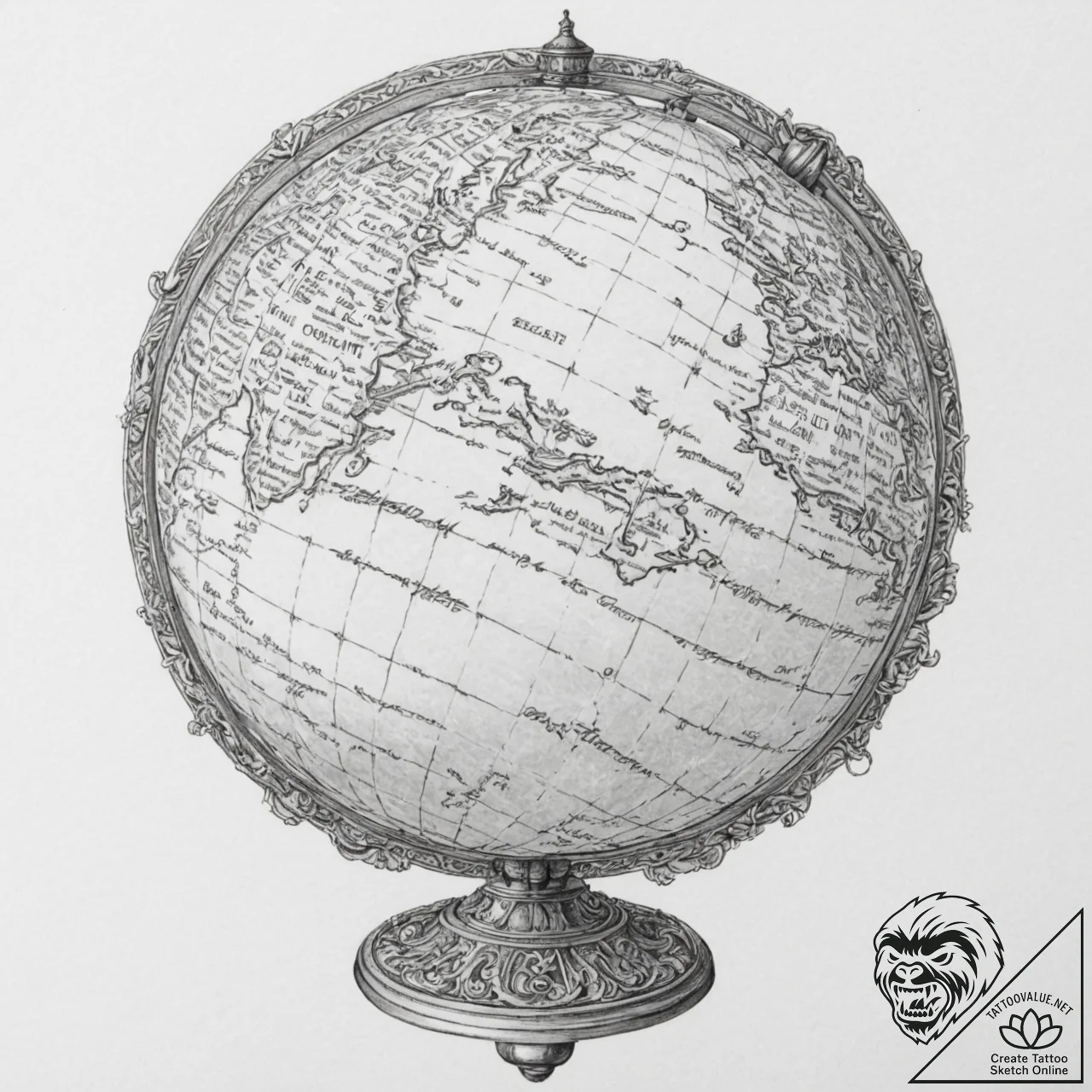 A beautiful, ornate antique globe, with a foc... - tattoo sketch (№1751986496_0, 08.07.2025 14:54) — tattoovalue.net