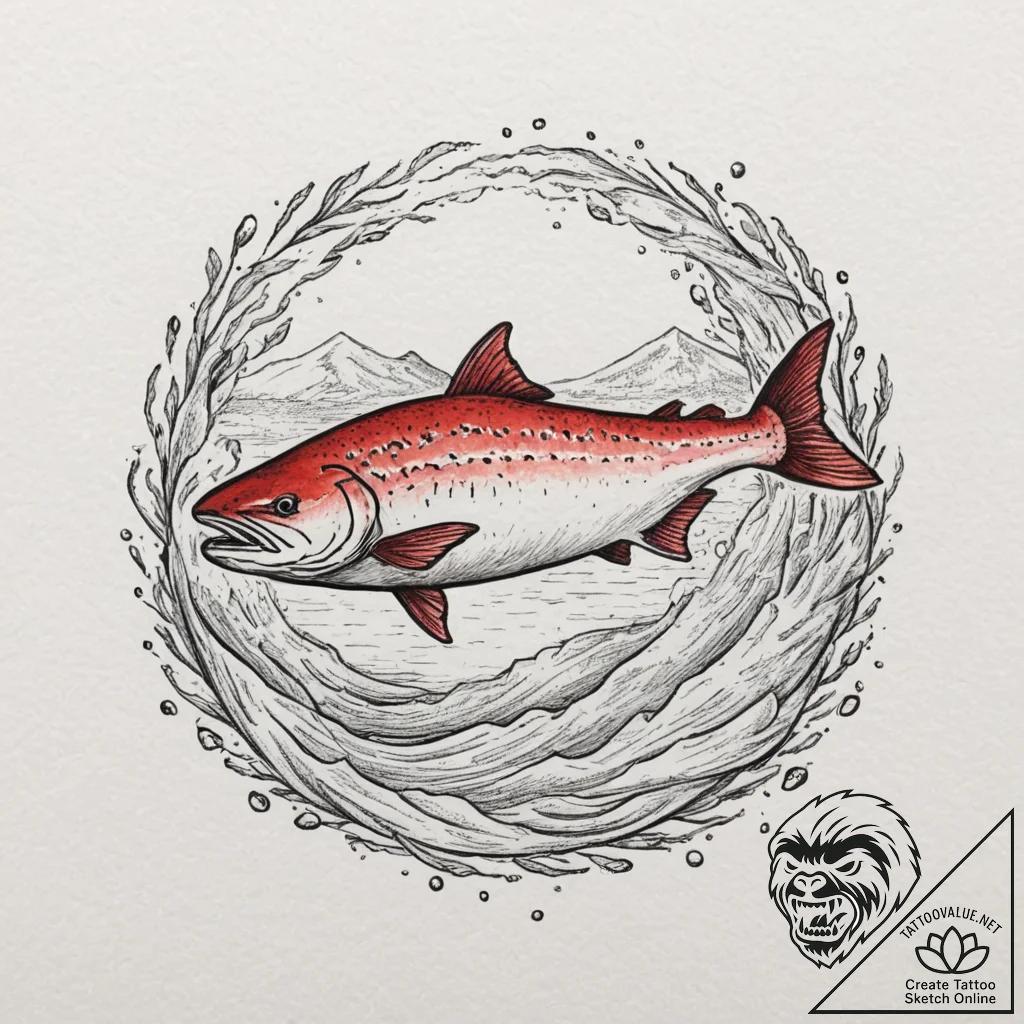 A powerful salmon, swimming upstream against... - tattoo sketch (№1751986582_0, 08.07.2025 14:56) — tattoovalue.net