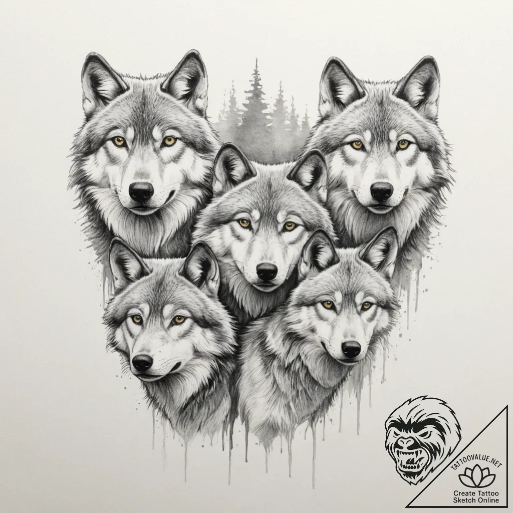 A powerful hunting pack of wolves, their eyes... - tattoo sketch (№1751986825_0, 08.07.2025 15:00) — tattoovalue.net