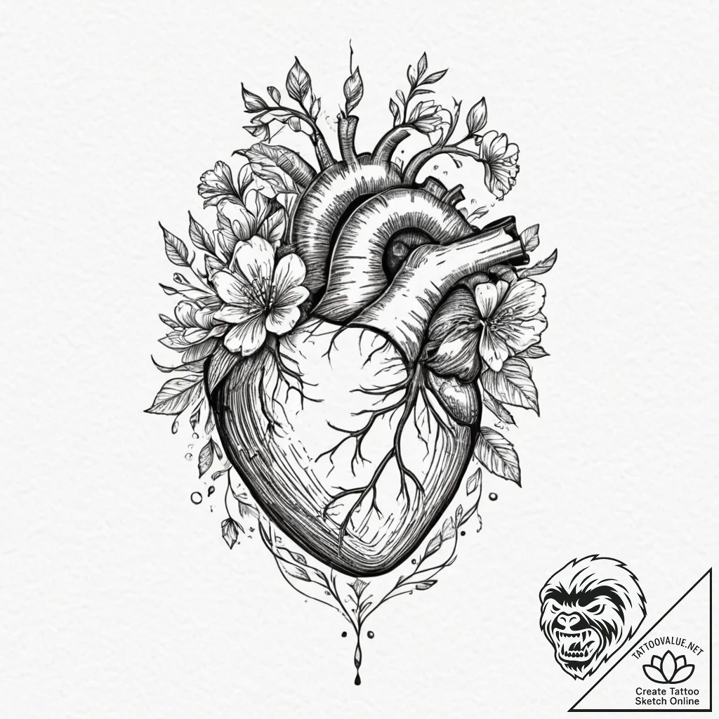 A human heart, with a small, blossoming flowe... - tattoo sketch (№1751986992_0, 08.07.2025 15:03) — tattoovalue.net