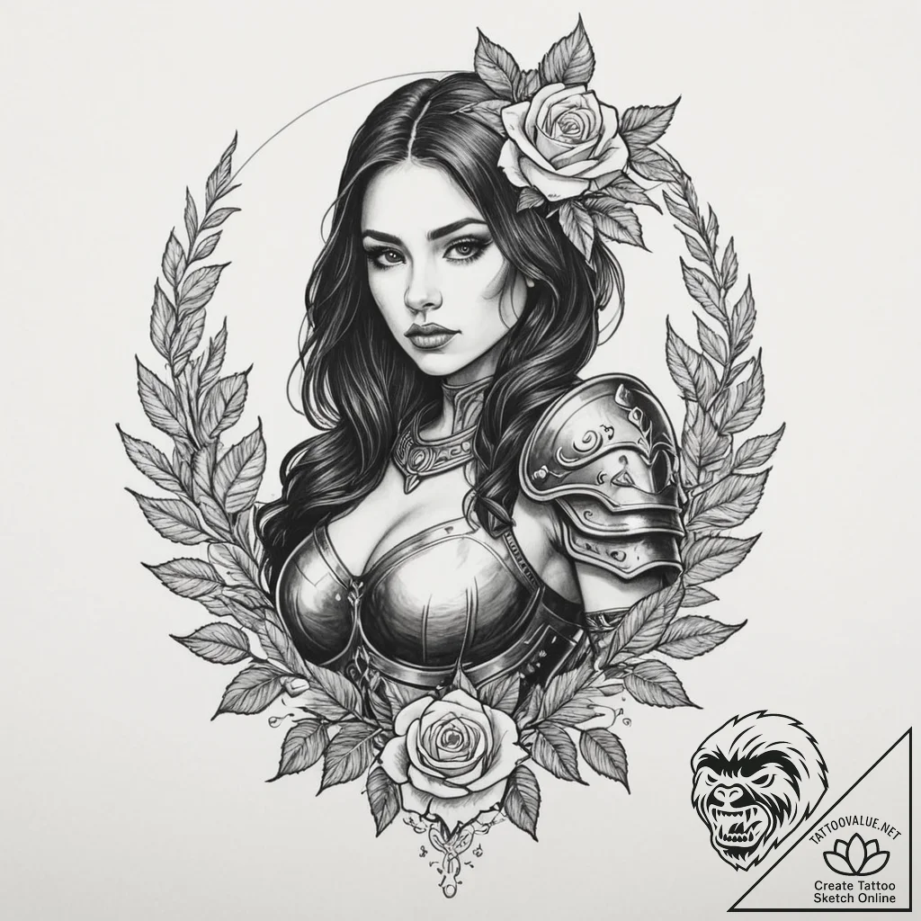 A woman warrior from a fantasy tribe, with bo... - tattoo sketch (№1751987491_0, 08.07.2025 15:11) — tattoovalue.net