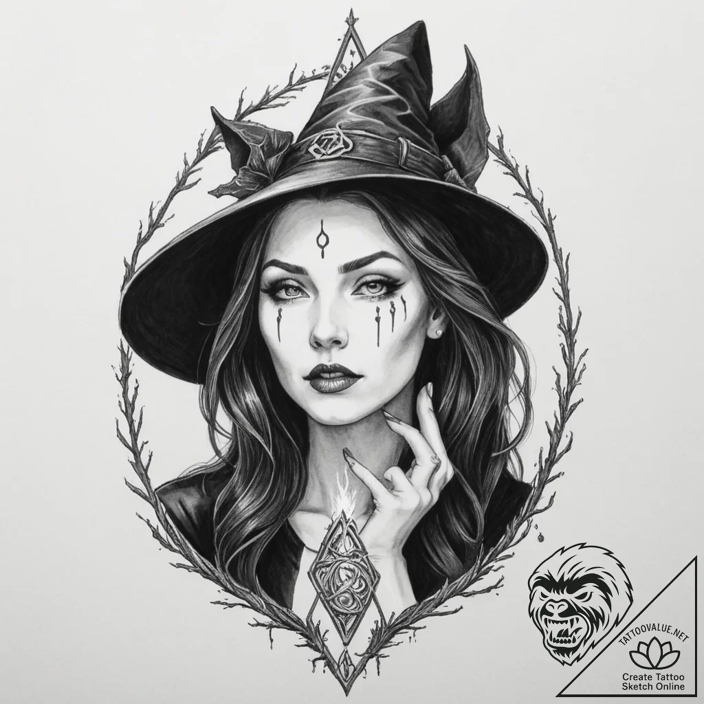 A witch with glowing runes on her face, whisp... - tattoo sketch (№1751987825_0, 08.07.2025 15:17) — tattoovalue.net