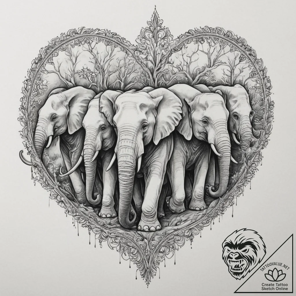 A powerful herd of elephants, on a long, dete... - tattoo sketch (№1751988412_0, 08.07.2025 15:26) — tattoovalue.net