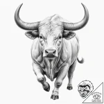 A powerful bull, its horns sharp, ready to ch… – tattoo sketch (№1751988662_0, 08.07.2025 15:31) — tattoovalue.net