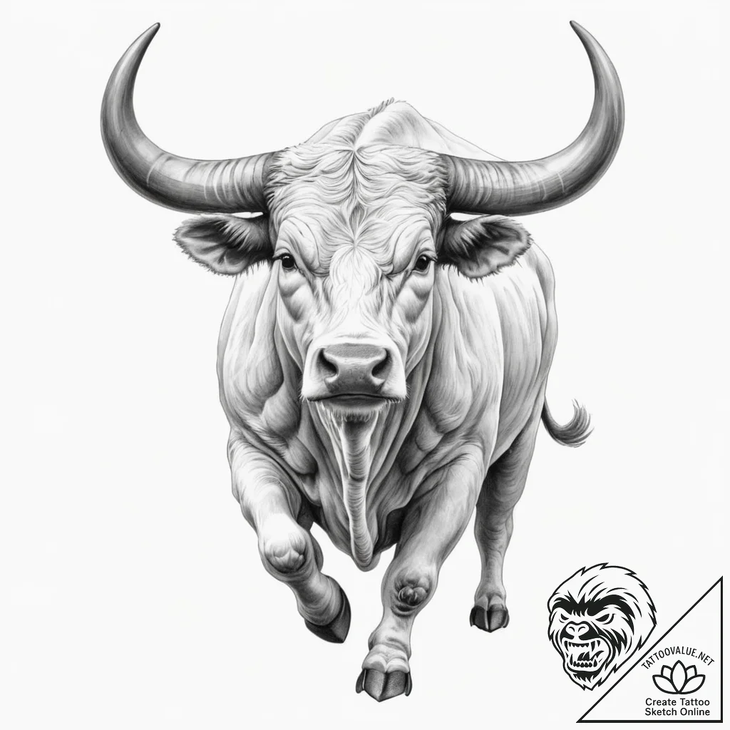 A powerful bull, its horns sharp, ready to ch... - tattoo sketch (№1751988662_0, 08.07.2025 15:31) — tattoovalue.net