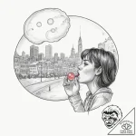 A girl blowing a bubble with gum, the bubble… – tattoo sketch (№1751989747_0, 08.07.2025 15:49) — tattoovalue.net