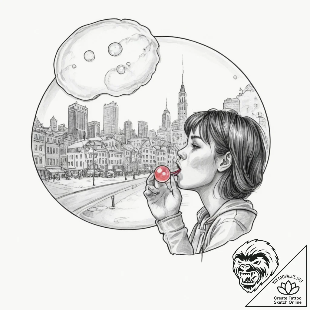 A girl blowing a bubble with gum, the bubble... - tattoo sketch (№1751989747_0, 08.07.2025 15:49) — tattoovalue.net