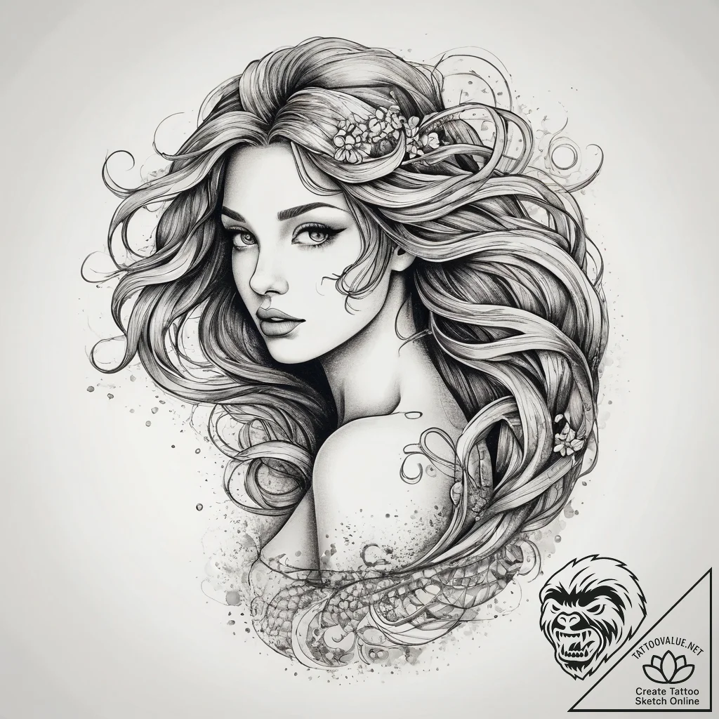 A beautiful, sensual mermaid, her hair flowin... - tattoo sketch (№1751996018_0, 08.07.2025 17:33) — tattoovalue.net