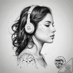 A girl wearing headphones, music notes flowin… – tattoo sketch (№1751996092_0, 08.07.2025 17:34) — tattoovalue.net