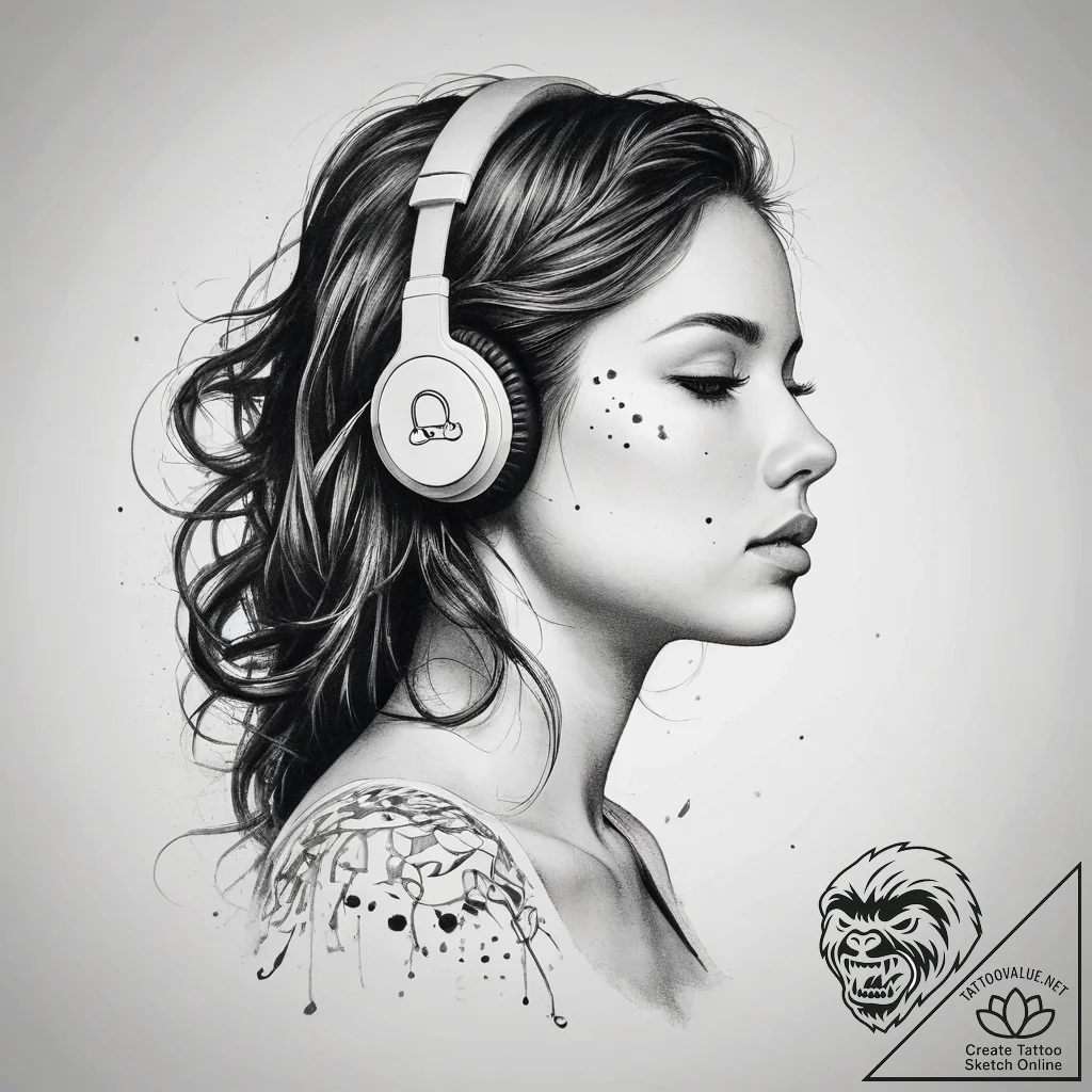 A girl wearing headphones, music notes flowin... - tattoo sketch (№1751996092_0, 08.07.2025 17:34) — tattoovalue.net