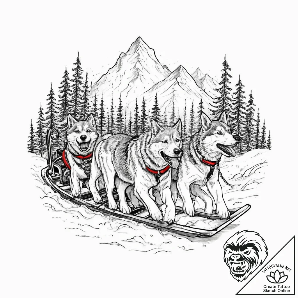 A powerful sled dog team, working together to... - tattoo sketch (№1751996168_0, 08.07.2025 17:36) — tattoovalue.net