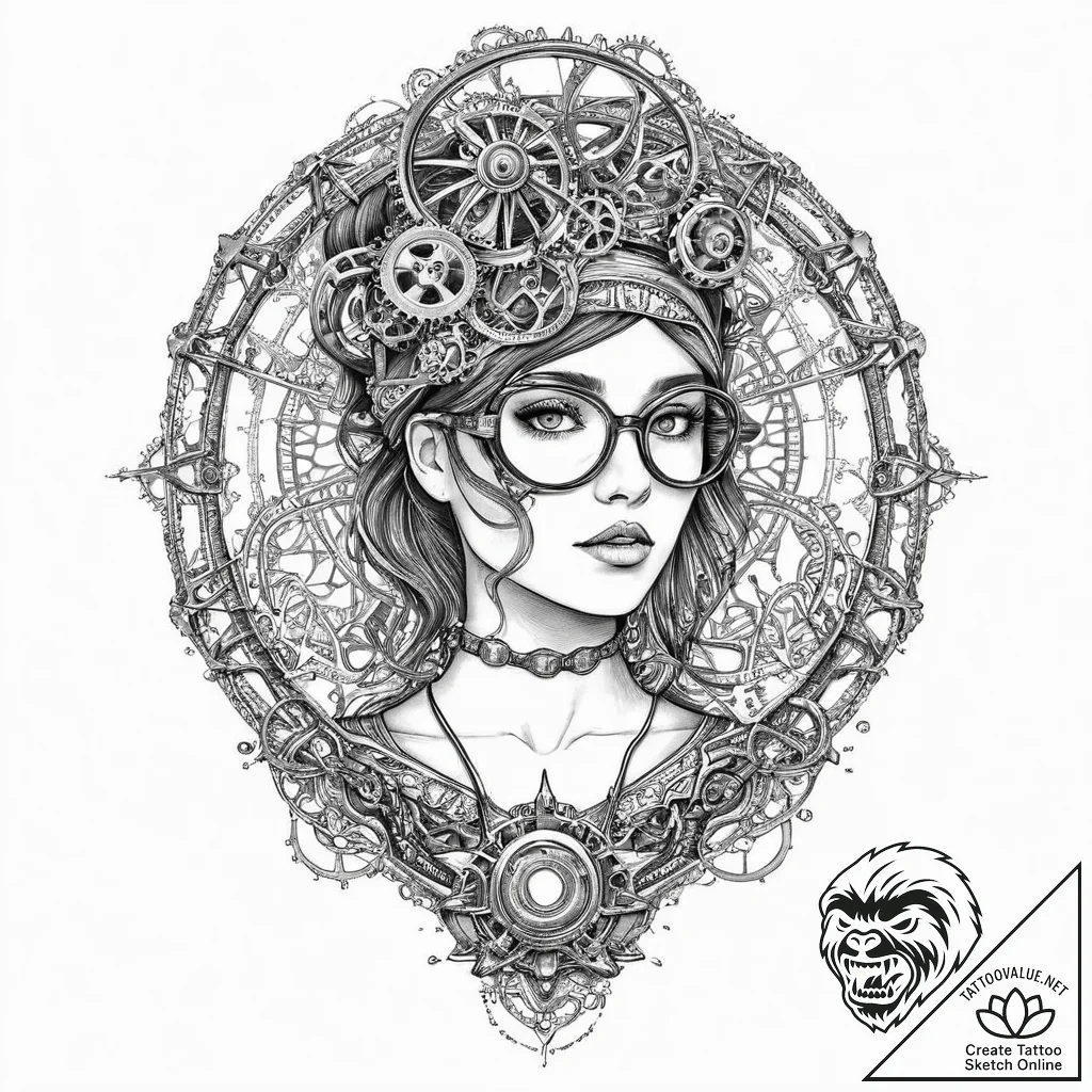 A steampunk woman with goggles and a beautifu... - tattoo sketch (№1751996246_0, 08.07.2025 17:37) — tattoovalue.net