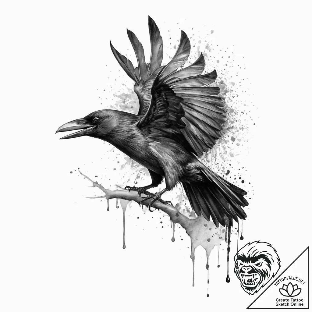 A beautiful, realistic crow, its feathers are... - tattoo sketch (№1751996632_0, 08.07.2025 17:43) — tattoovalue.net