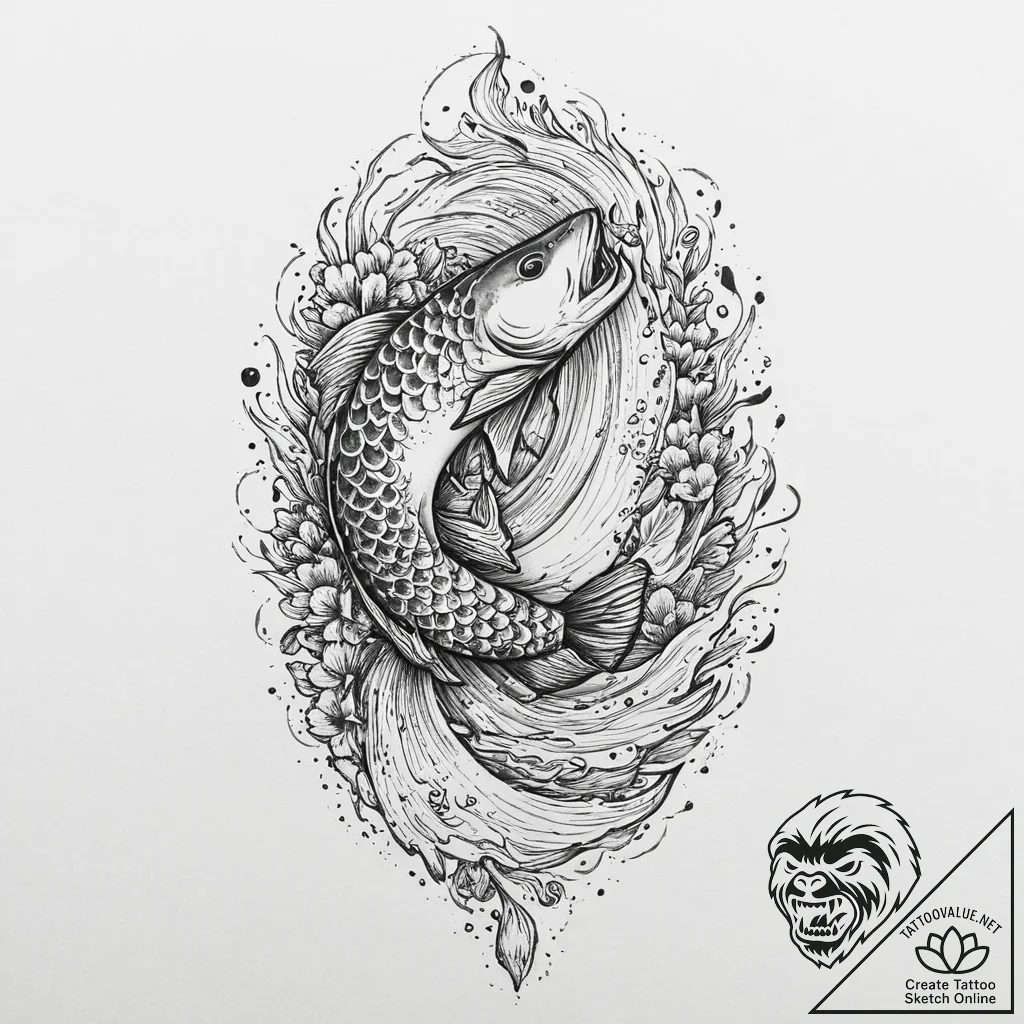 A powerful salmon, swimming upstream against... - tattoo sketch (№1751996936_0, 08.07.2025 17:48) — tattoovalue.net