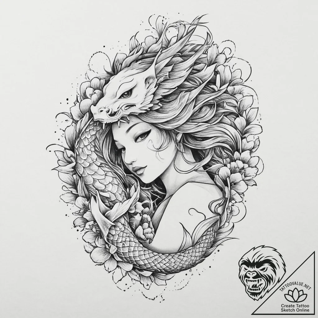 A girl whose body is made of intertwined ribb... - tattoo sketch (№1751997011_0, 08.07.2025 17:50) — tattoovalue.net