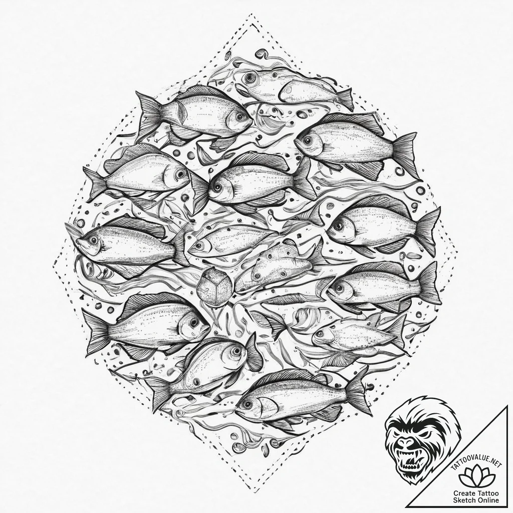 A pack of piranhas, swarming, tattoo line art... - tattoo sketch (№1751997089_0, 08.07.2025 17:51) — tattoovalue.net
